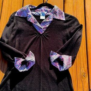 Black with striped collar/sleeves business sweater.